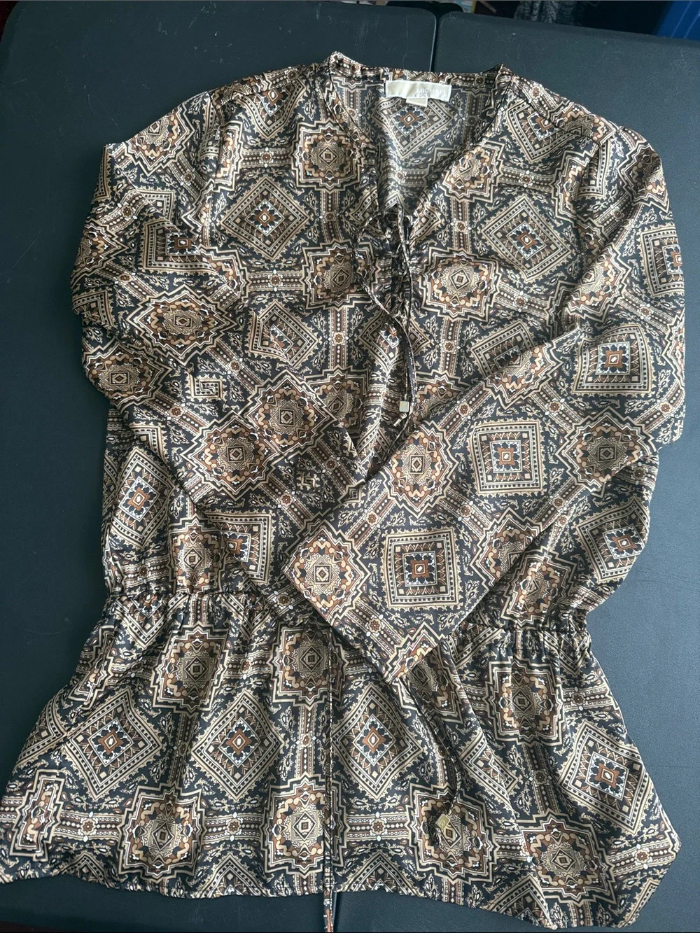 Michael Kors Brown and Black Geo-Print Long Sleeve Peplum Blouse